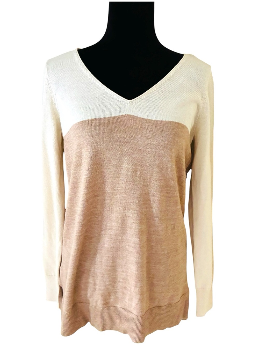 Ann Taylor Sz MEDIUM Merino Wool Blend Cream Tan Colorblock V-Neck Sweater - Picture 2 of 8